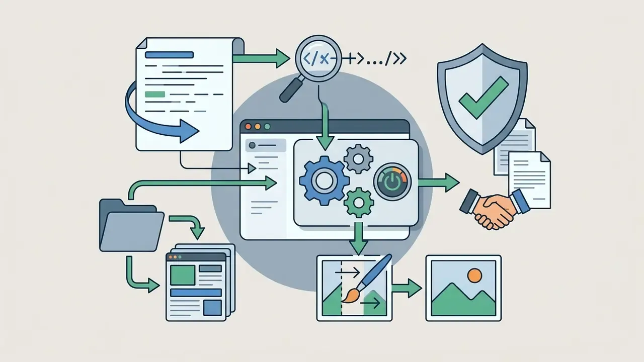 System of documents, gears, and a paintbrush icon showing the workflow from data input to image output