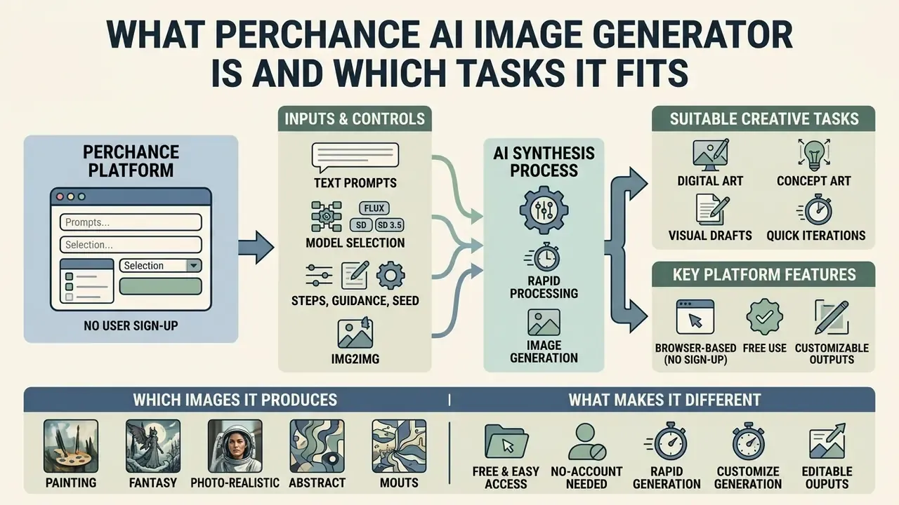 Infographic showing the Perchance AI image generator workflow from text prompts to final visual outputs
