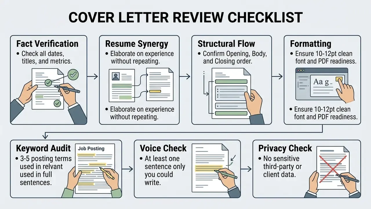 Step-by-step checklist illustrating professional tasks for verifying and refining a job application document