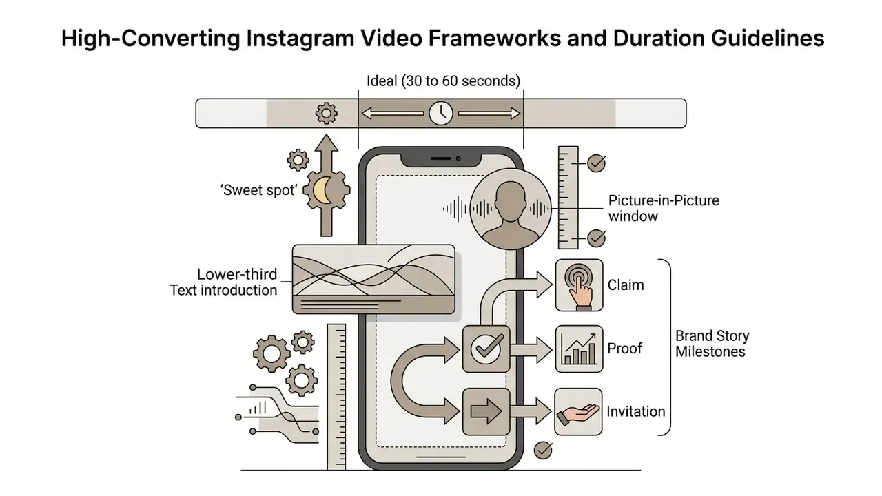 Diagram of a smartphone screen showing video layout elements like lower-thirds, narration windows, and milestones