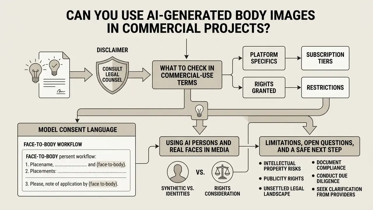 Decision tree outlining legal considerations for commercial use of synthetic media and model consent
