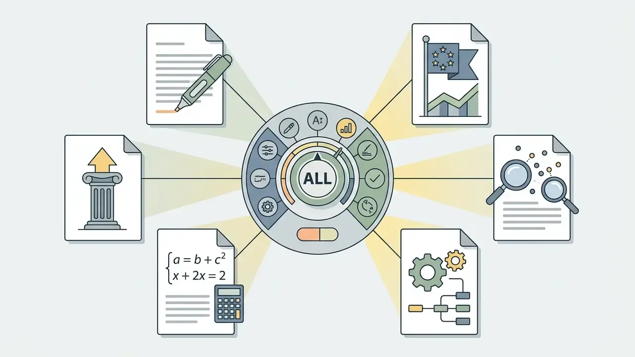 Circular control panel with an all setting connected to various document types like math and grammar