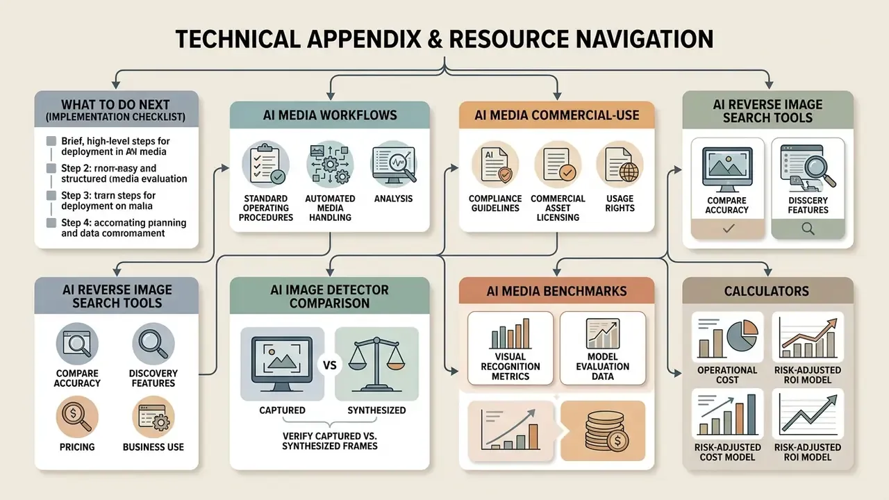 Structured navigation map of AI media resources including workflows, commercial compliance, and search tools