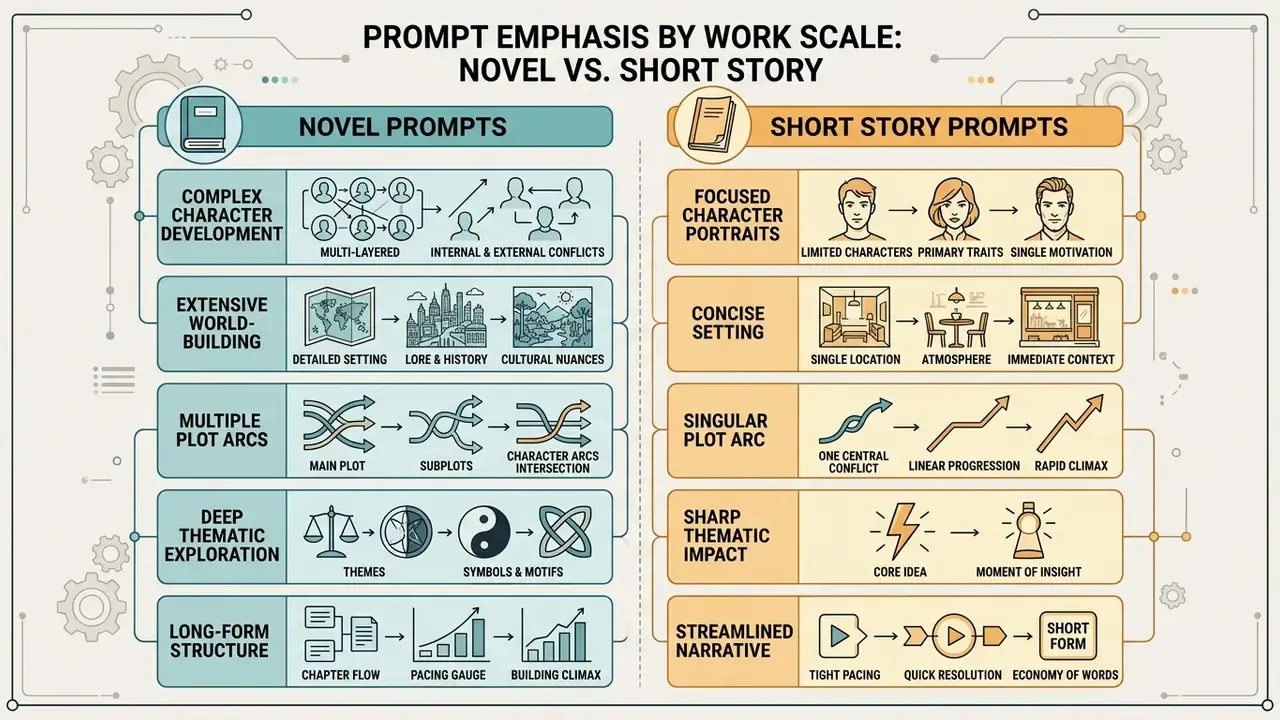 Side by side comparison of prompt strategies for novels versus short stories using icons and flowcharts