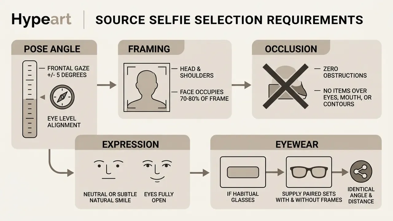 Guidelines for selecting source selfies including pose angle, framing, occlusion, expression, and eyewear