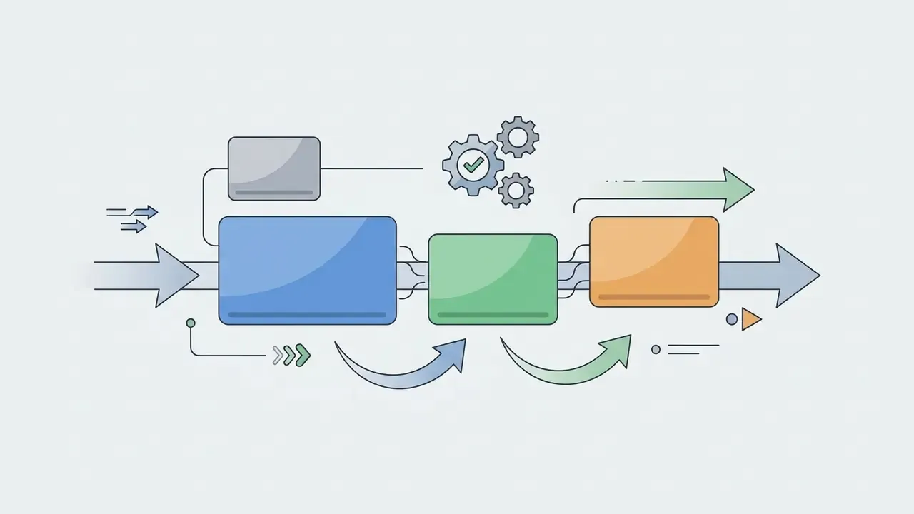 Colored blocks connected by arrows and gears representing a streamlined data processing workflow