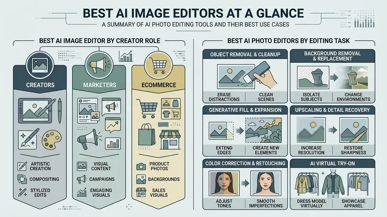 Infographic comparing AI image editors by creator role and specific editing tasks like object removal