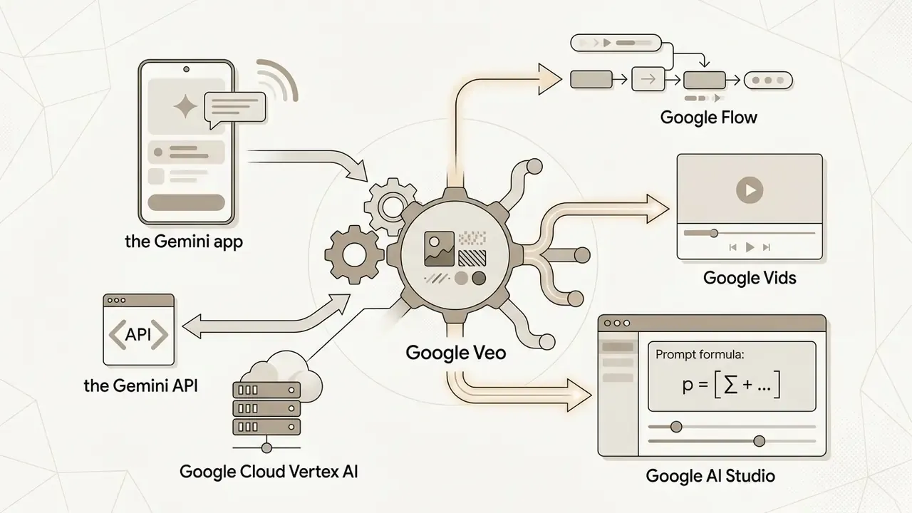 Diagram showing how the Google Veo AI video generator integrates with various Google platforms and tools
