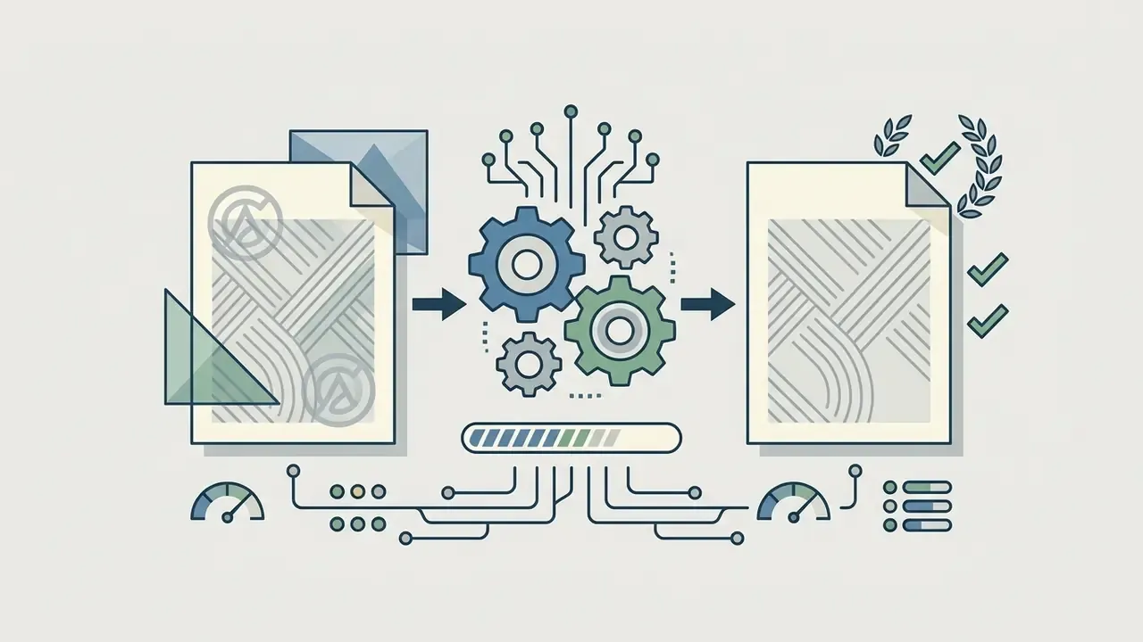 Document with watermarks moving through a central gear processing system to emerge as a clean file