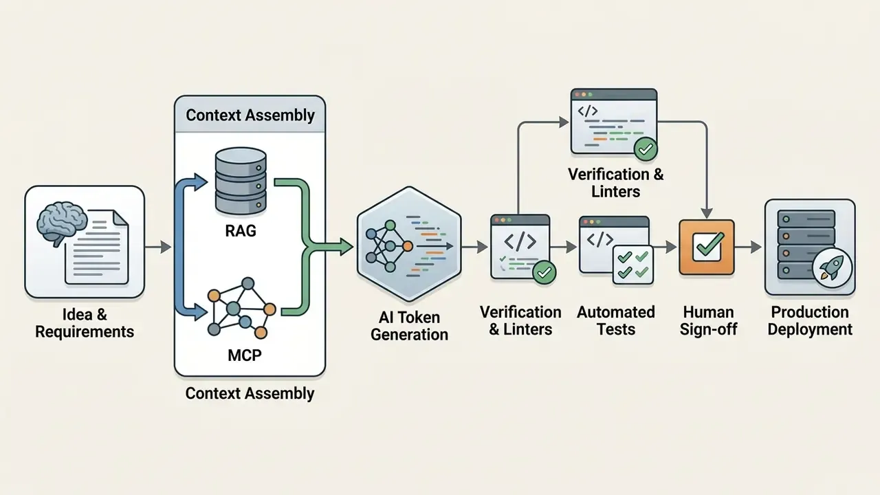 Step-by-step diagram showing the progression from initial requirements through tokenization to deployment