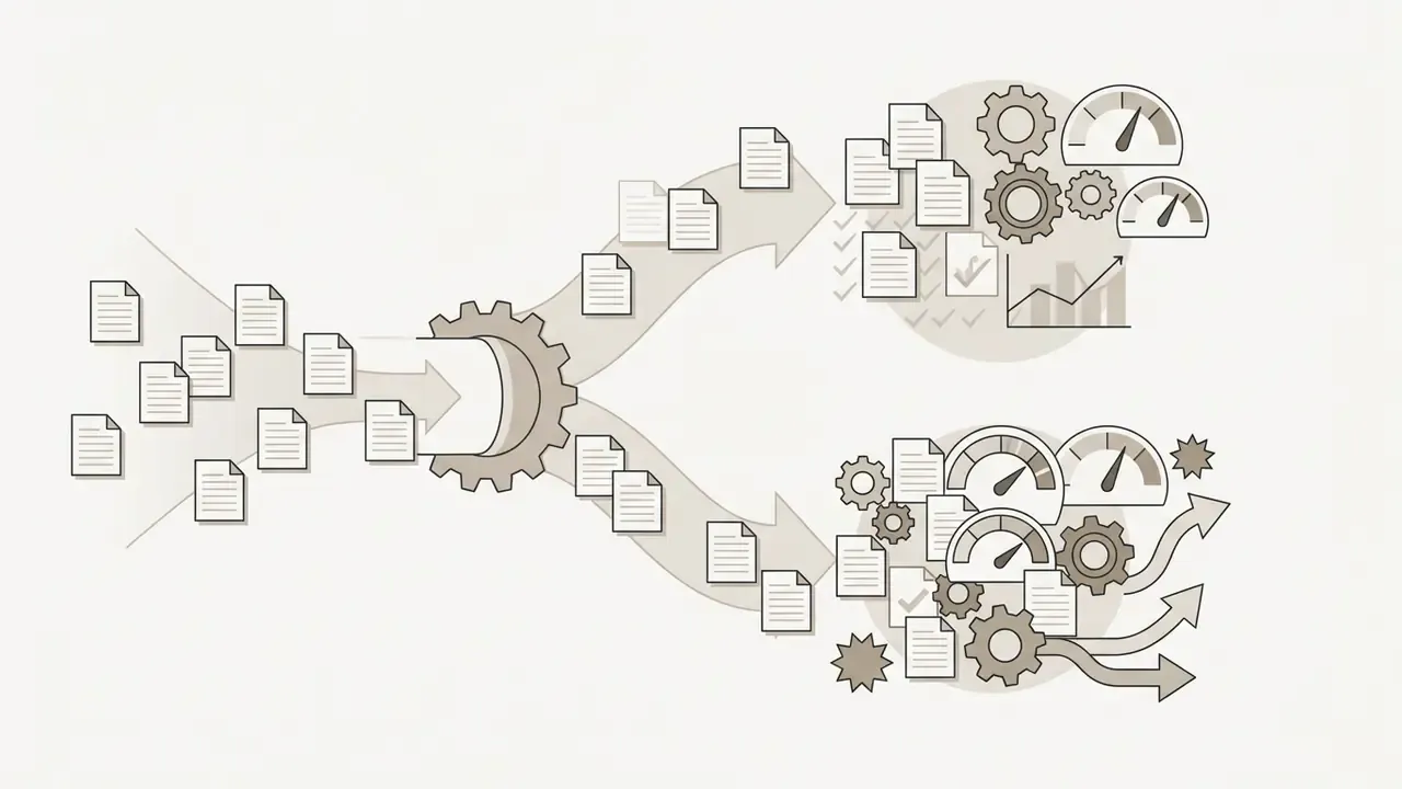 Documents feeding into a central gear that splits them into two separate processing streams with gauges