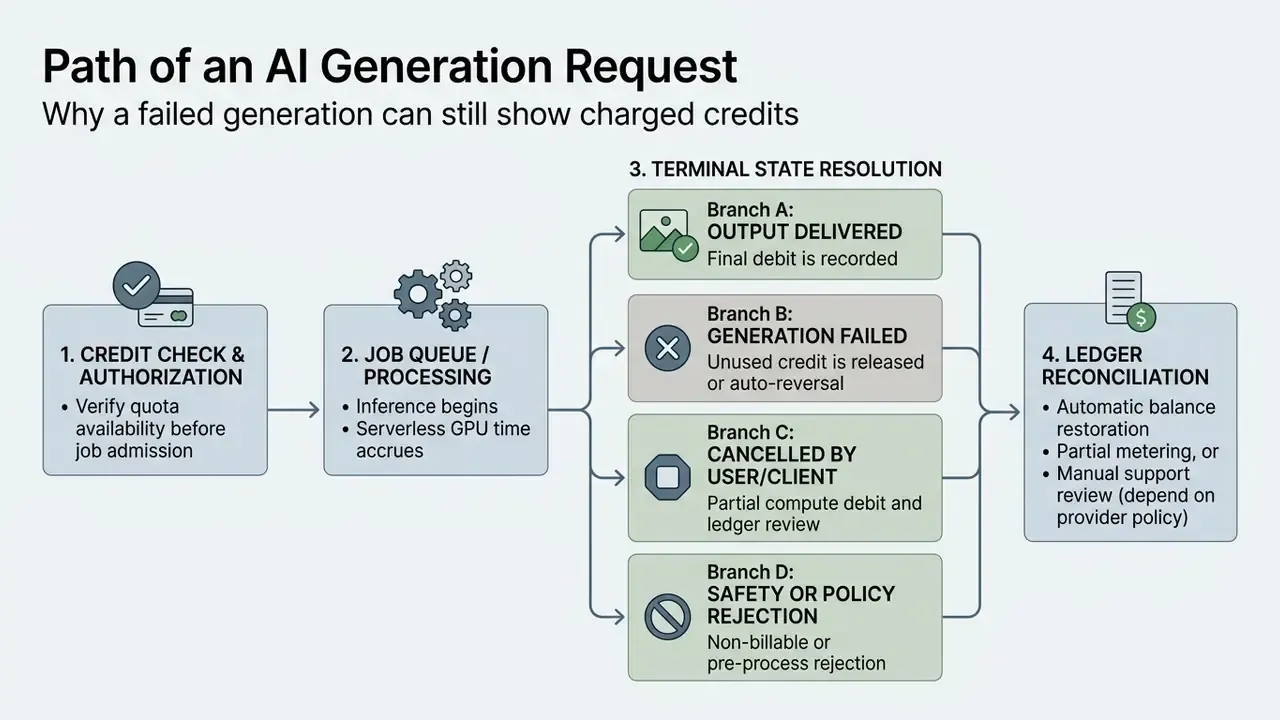 Flowchart showing the four stages of an AI generation request from credit authorization to reconciliation