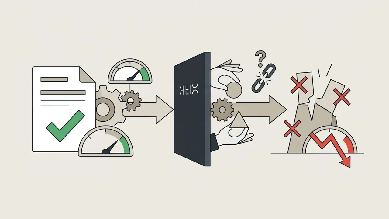 Document processing gears leading to a black box where hands swap parts and cause structural failure