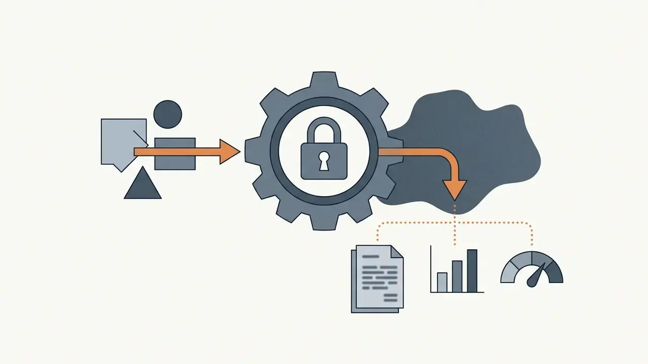 Documents moving through a locked gear into a cloud and branching into reports and performance gauges