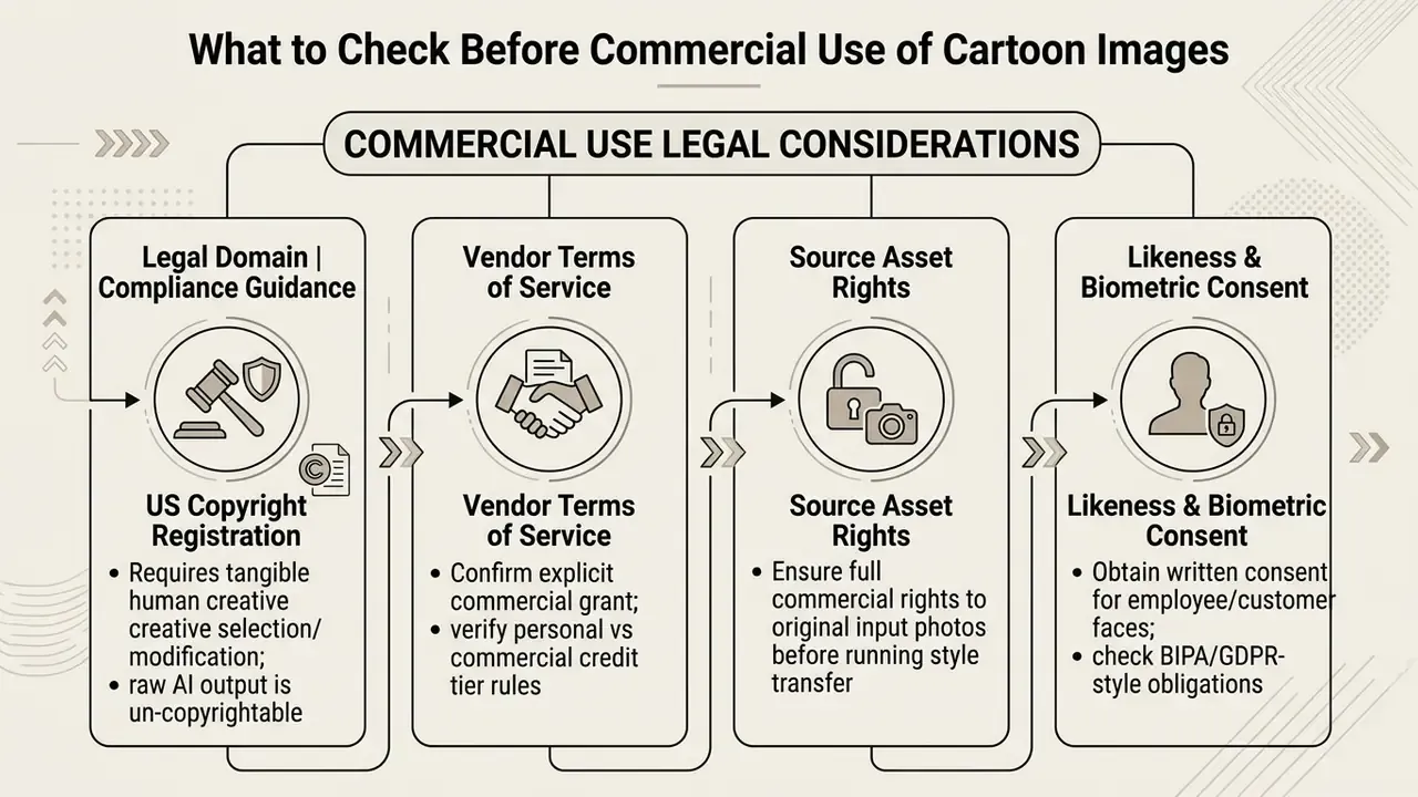 Four-step diagram outlining legal considerations for commercial use of stylized digital imagery