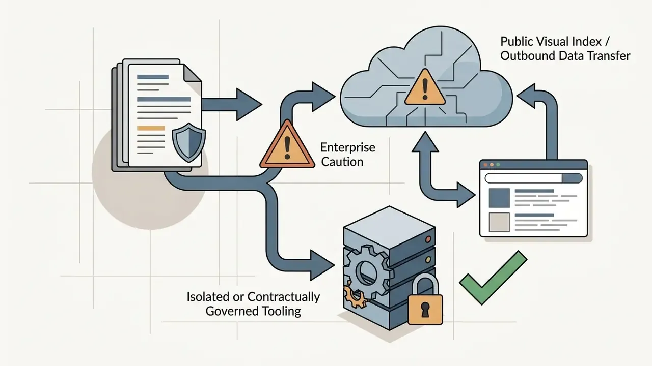 Data flow paths comparing public visual index uploads against secure isolated tooling alternatives