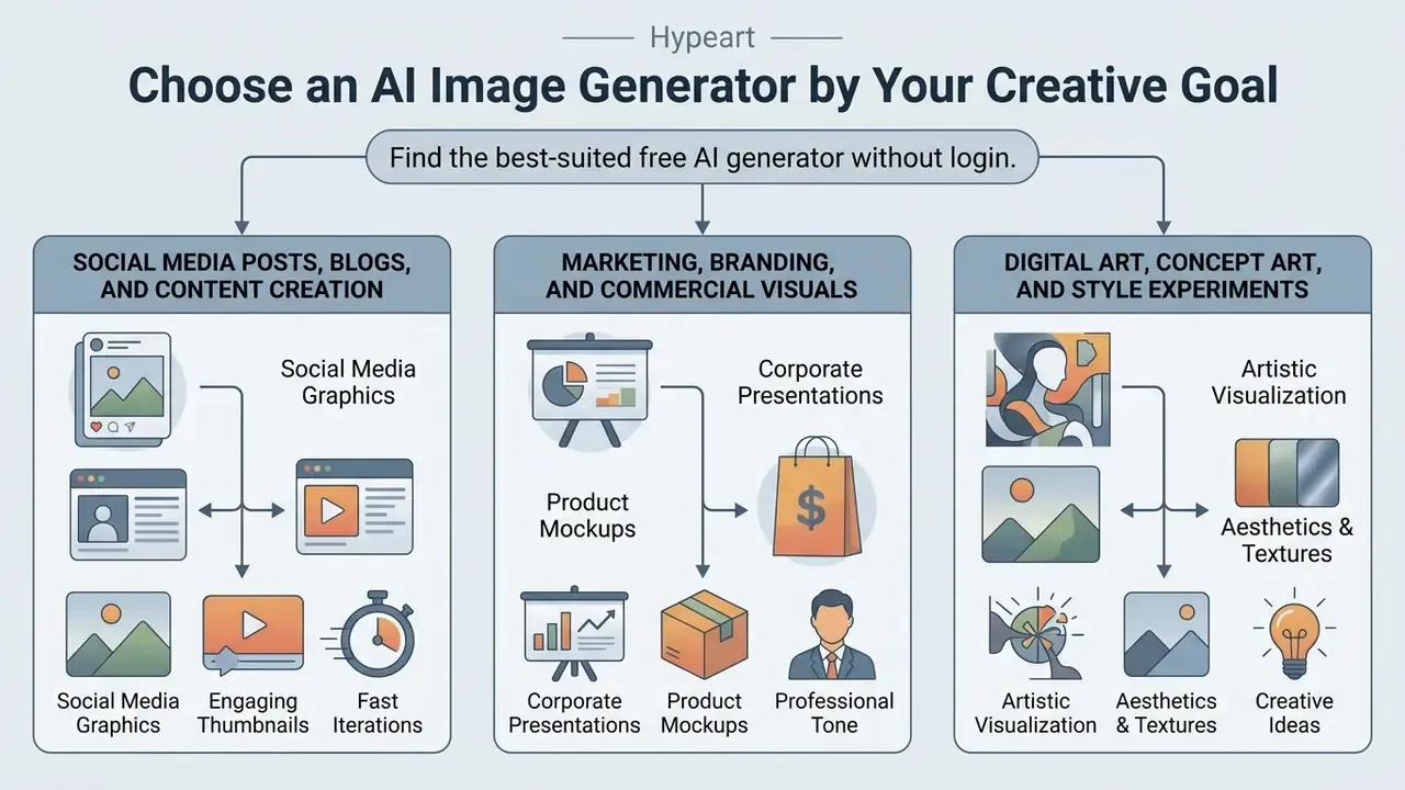 Flowchart categorizing AI image generation tools by social media, marketing, or artistic creative goals