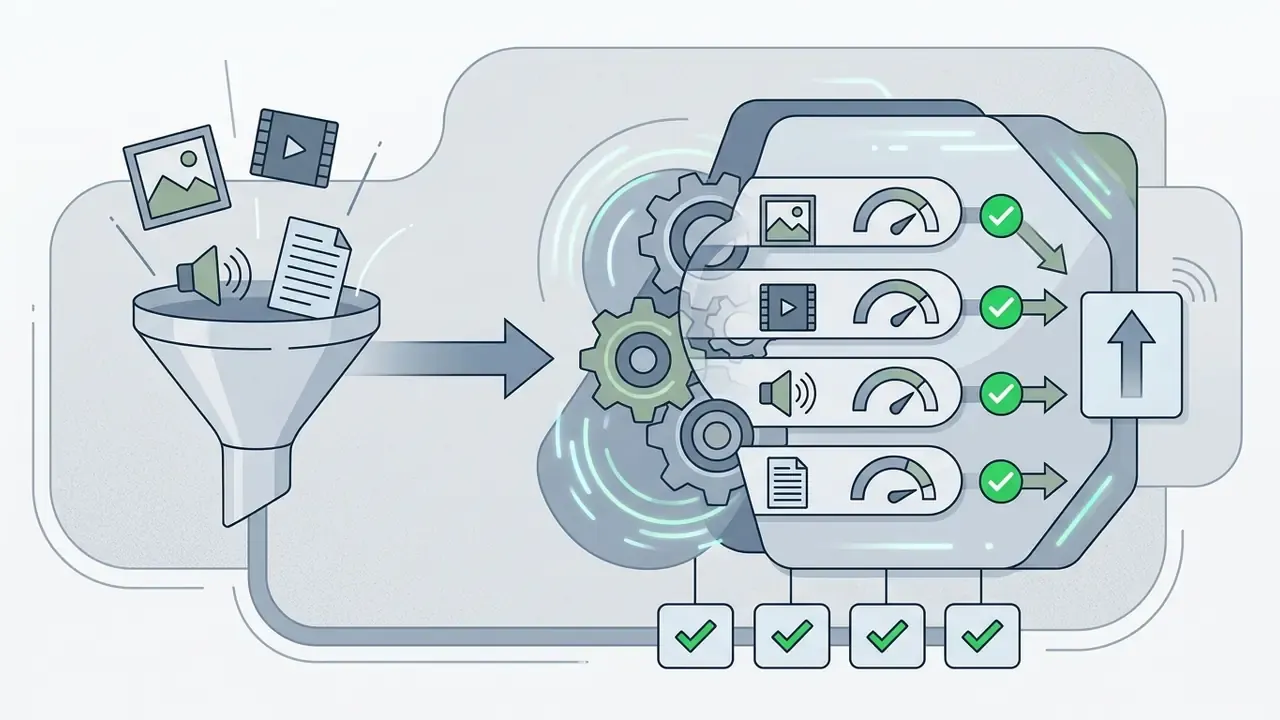 Funnel processing various media types into a mechanical system that verifies and logs each format