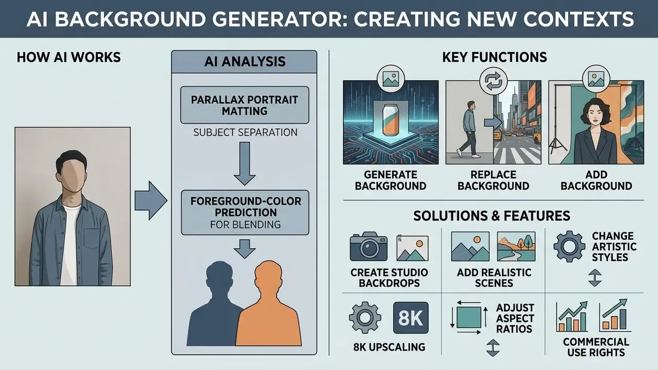 Infographic showing how AI background generator tools separate subjects and replace or create new backdrops