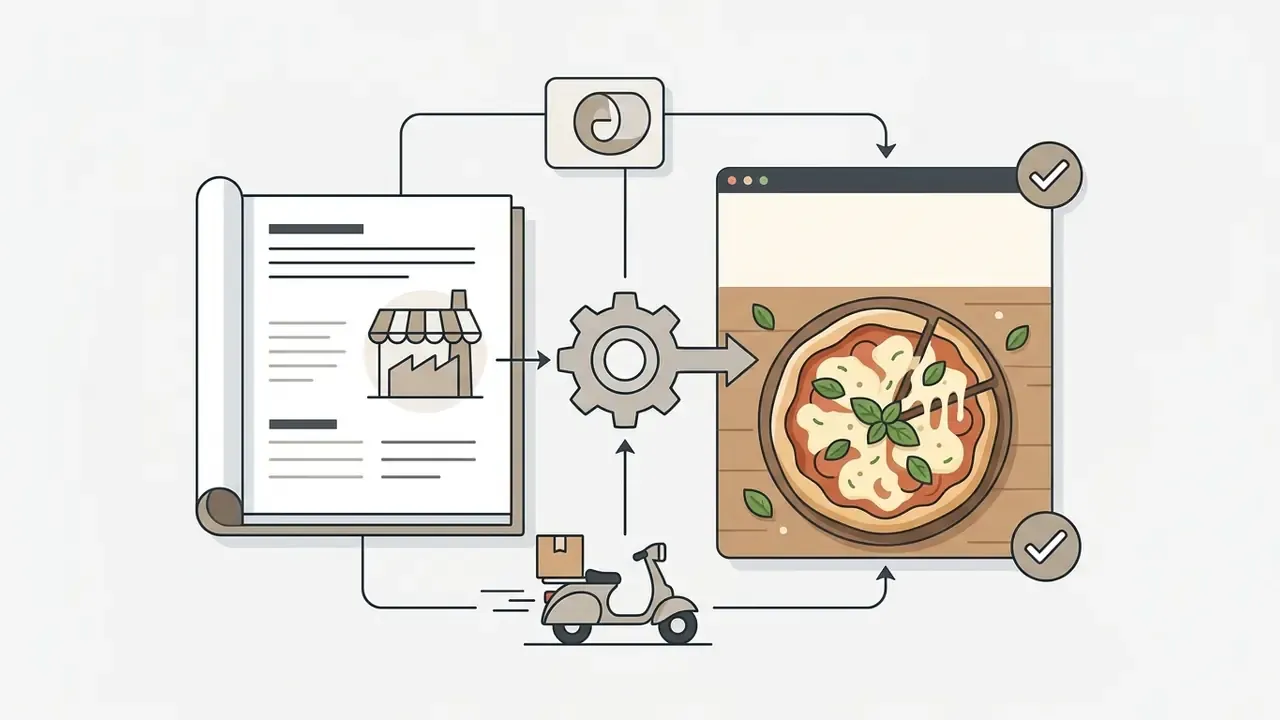 Document and delivery scooter icons feeding into a gear that generates a pizza ad design