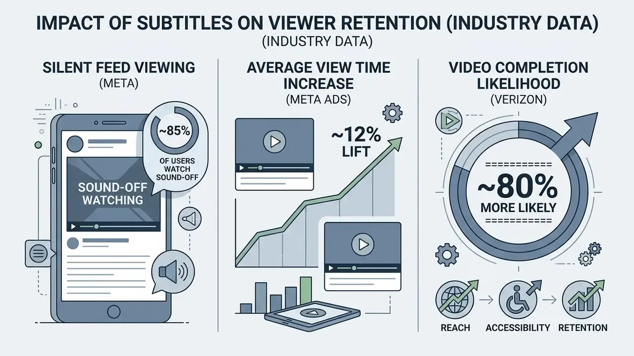 Infographic showing statistics on how subtitles increase viewer retention and video completion rates