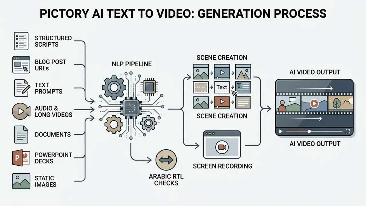 Flowchart showing how various input formats are processed by an NLP pipeline to create AI video content