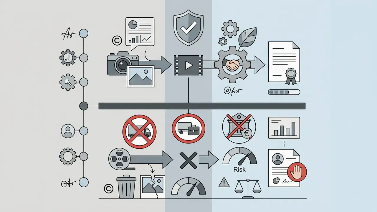 Split graphic contrasting legal video production workflows with restricted commercial usage scenarios