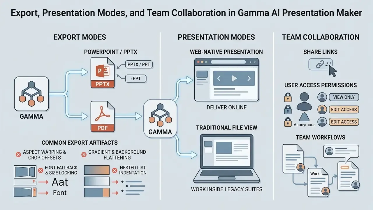 Infographic detailing Gamma AI export options, presentation modes, and team collaboration features