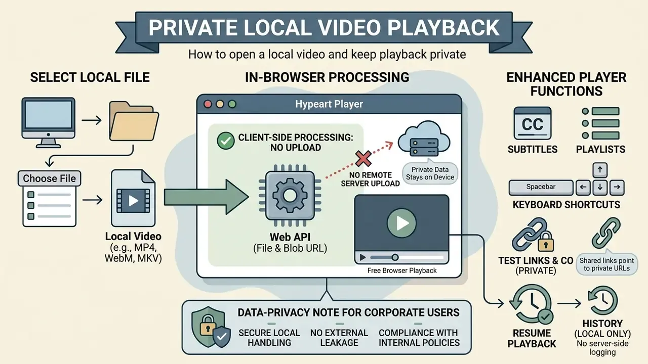 Infographic detailing how local files are processed in a browser without uploading to remote servers