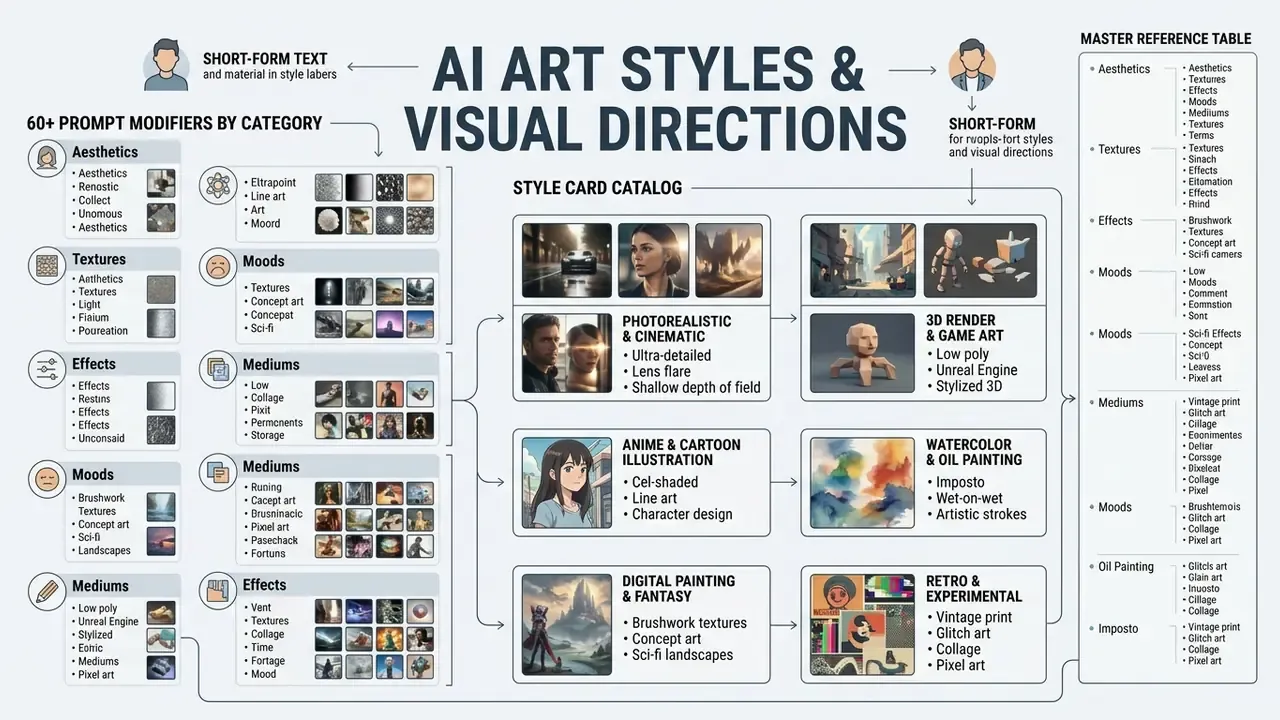 Structured infographic detailing prompt modifiers and a visual catalog of diverse creative aesthetics