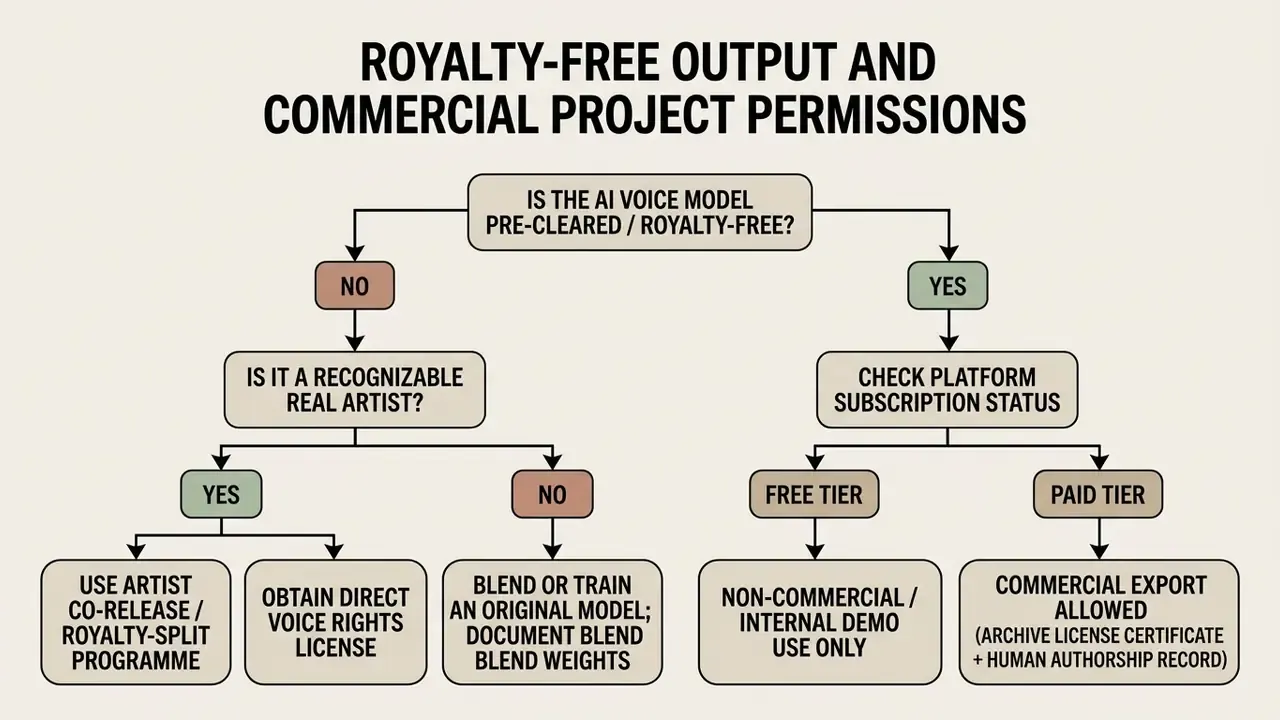 Decision tree outlining legal clearance paths for using a free AI singing voice generator online