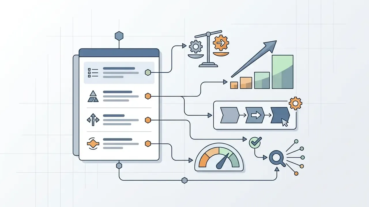 List of items connecting to a scale, bar chart, workflow, gauge, and search icon with nodes