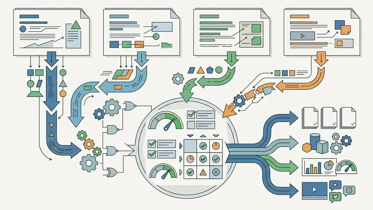 Multiple document inputs feeding into a central processing hub that outputs diverse project assets