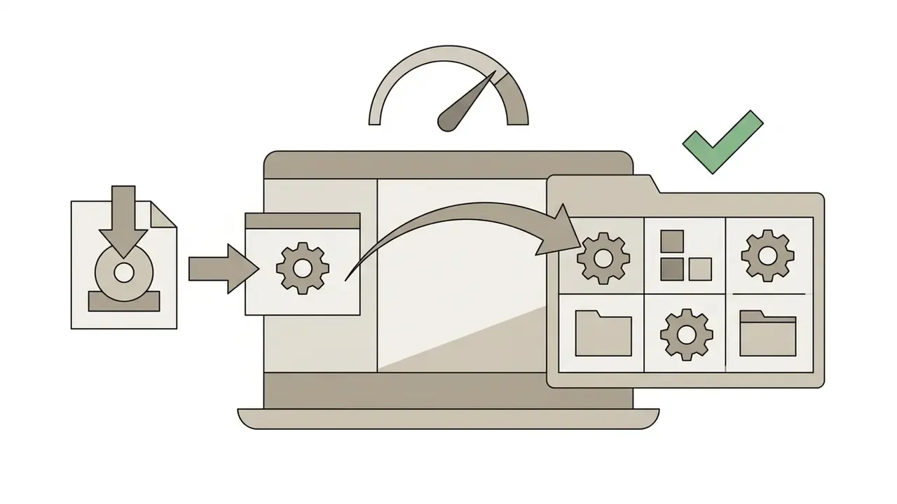 File icon being moved into a folder window on a computer screen with a green checkmark indicating completion