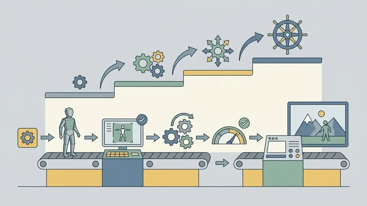Conveyor belt moving a character model through digital processing stages toward a completed game scene