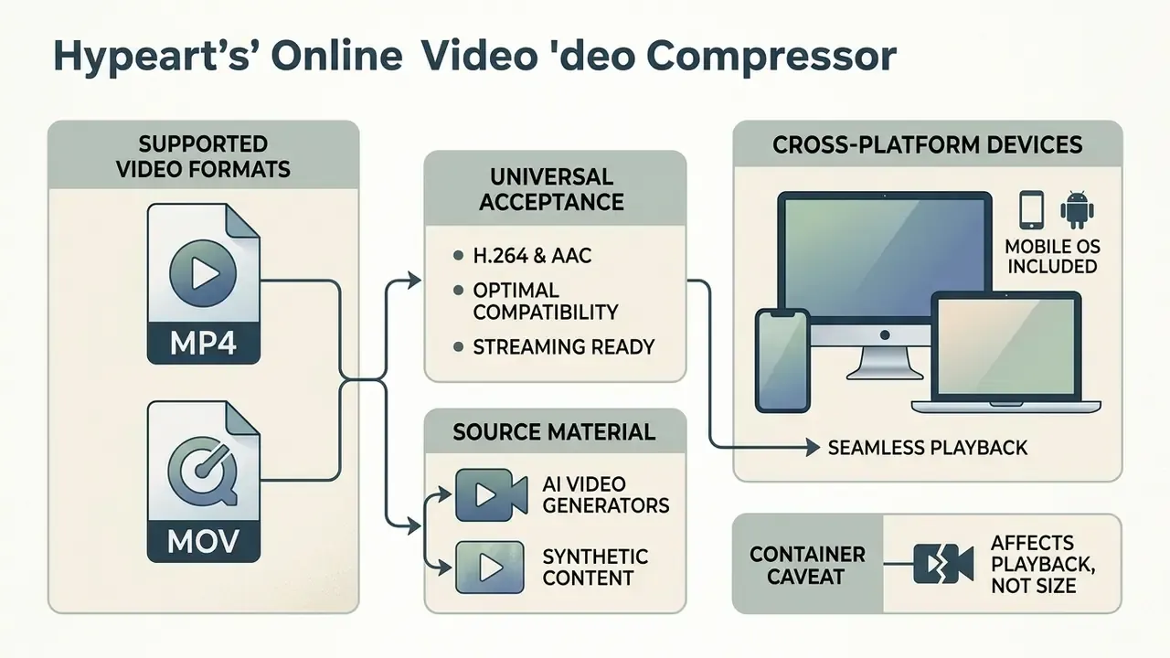 Flowchart showing MP4 and MOV file compatibility across various mobile and desktop devices