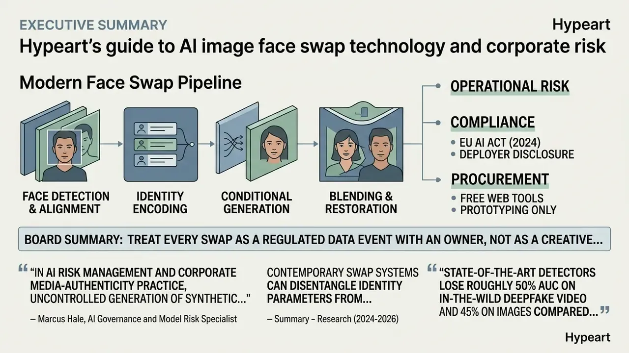 Infographic showing a four-stage AI image face swap pipeline alongside corporate risk and compliance notes