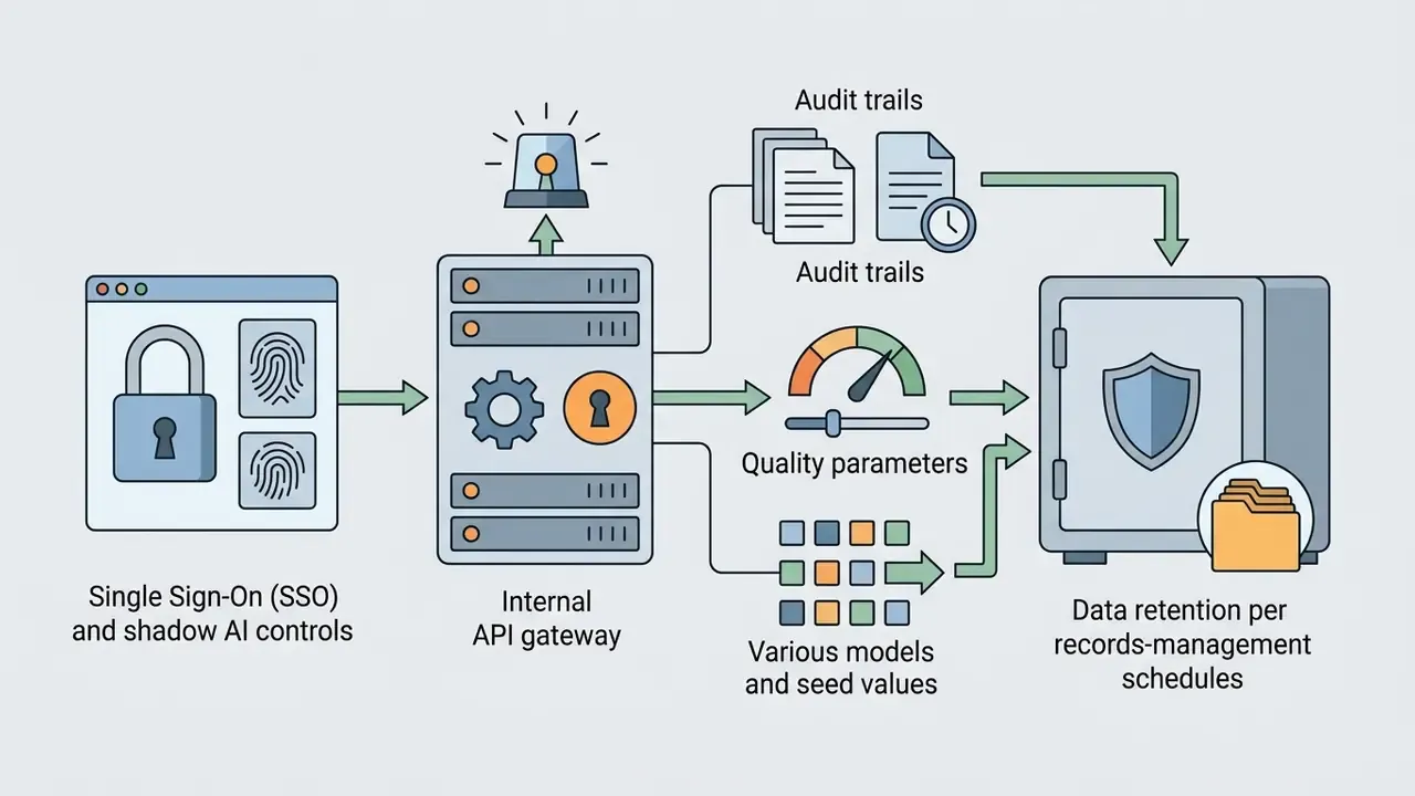 Internal API gateway routing Leonardo AI requests to audit logs, quality parameters, and secure storage