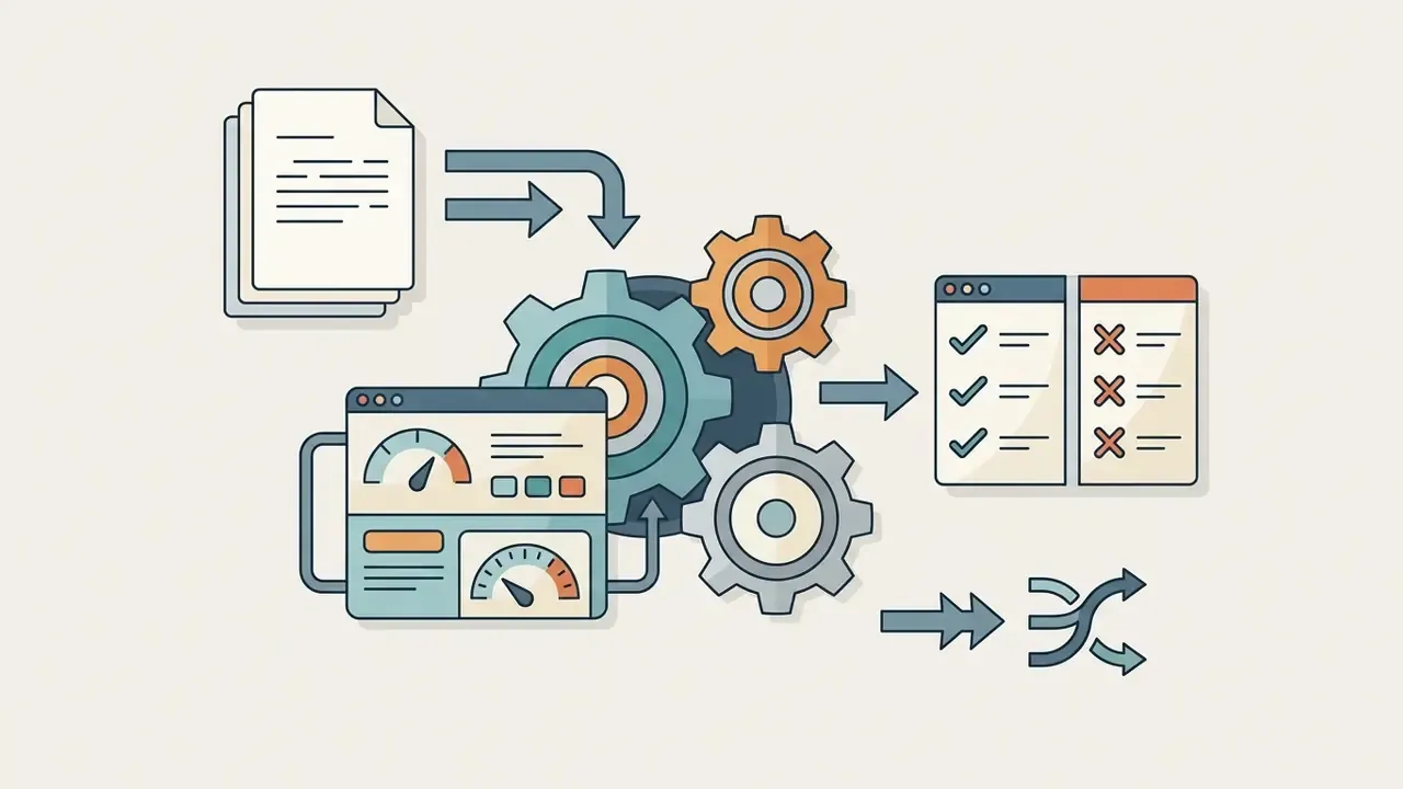 Documents and dashboard data feeding into a gear mechanism to produce checklists and shuffled outputs