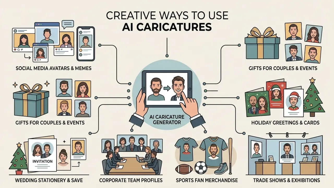 Infographic showing various applications for digital portraits including social media, gifts, and events