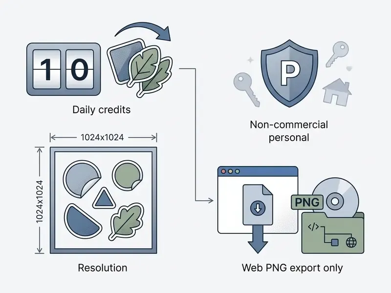 Icons representing daily generation limits, maximum resolution, personal license, and web PNG export