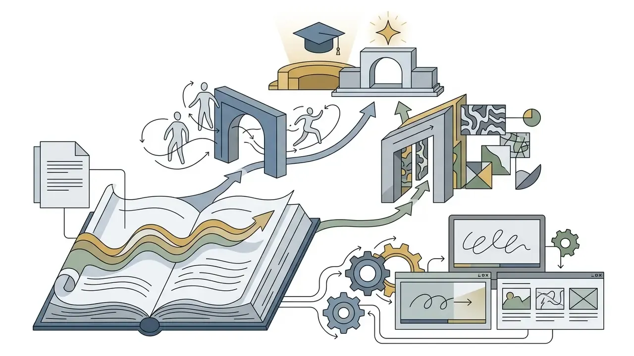 Open book with arrows leading through architectural arches to digital screens and academic symbols