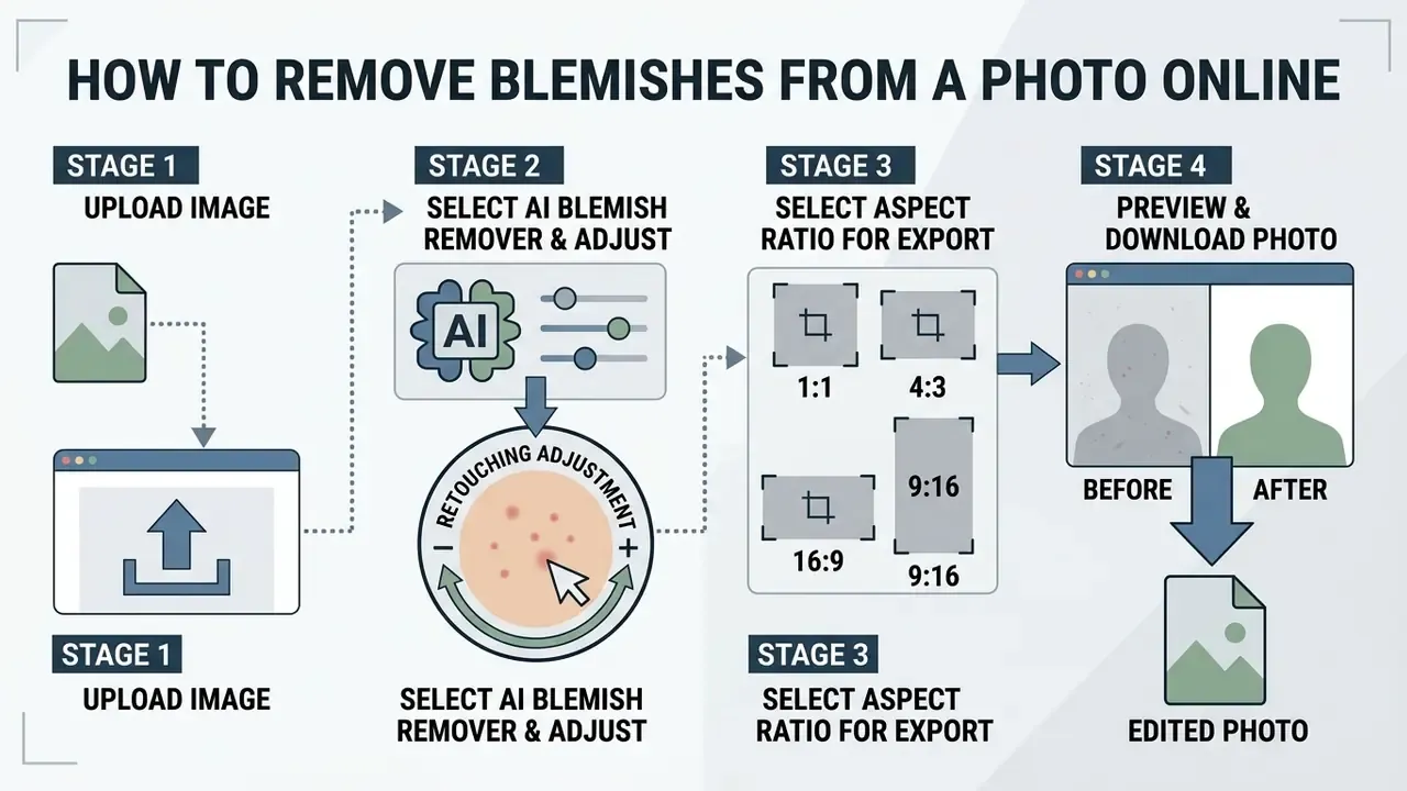 Four stage process to remove blemishes from a photo online using AI tools and export settings