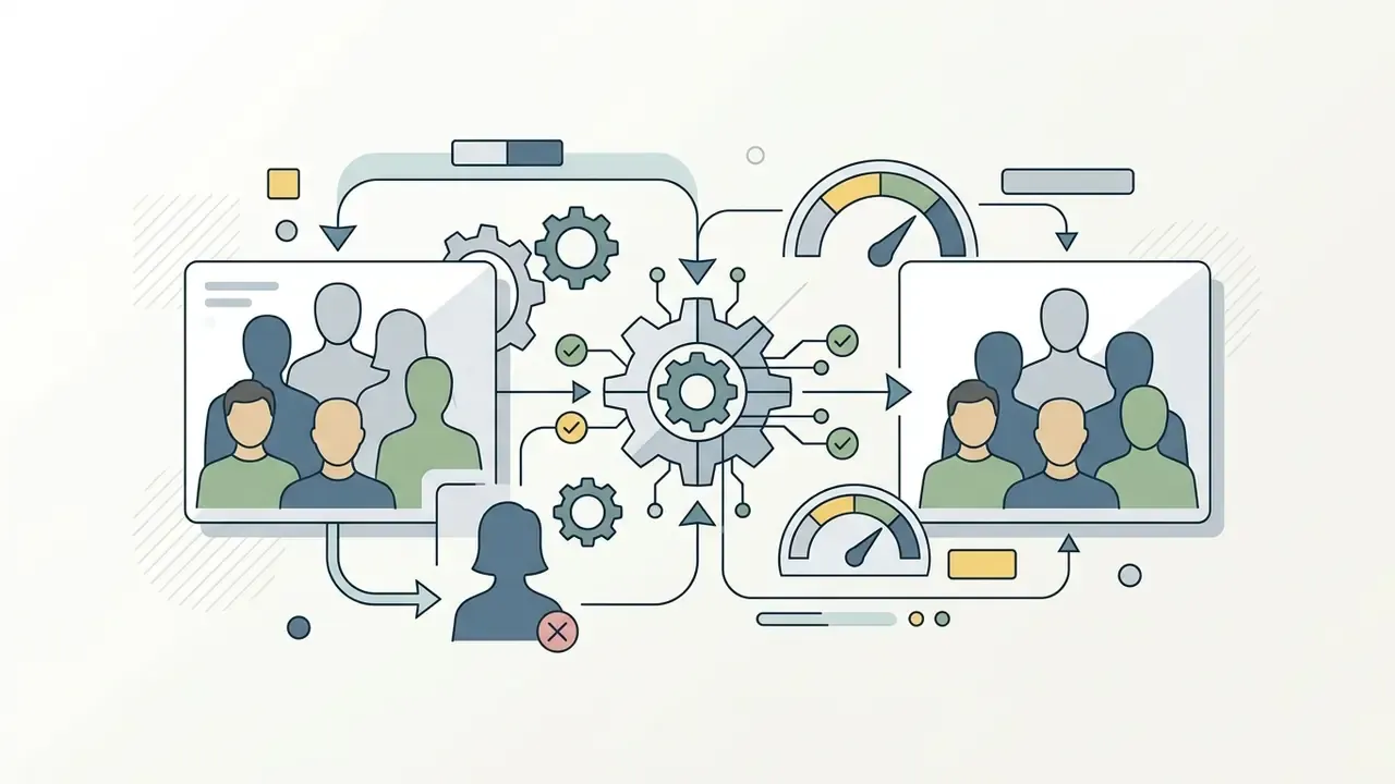 Group photo processing workflow showing a person being removed from a team composition via central gears