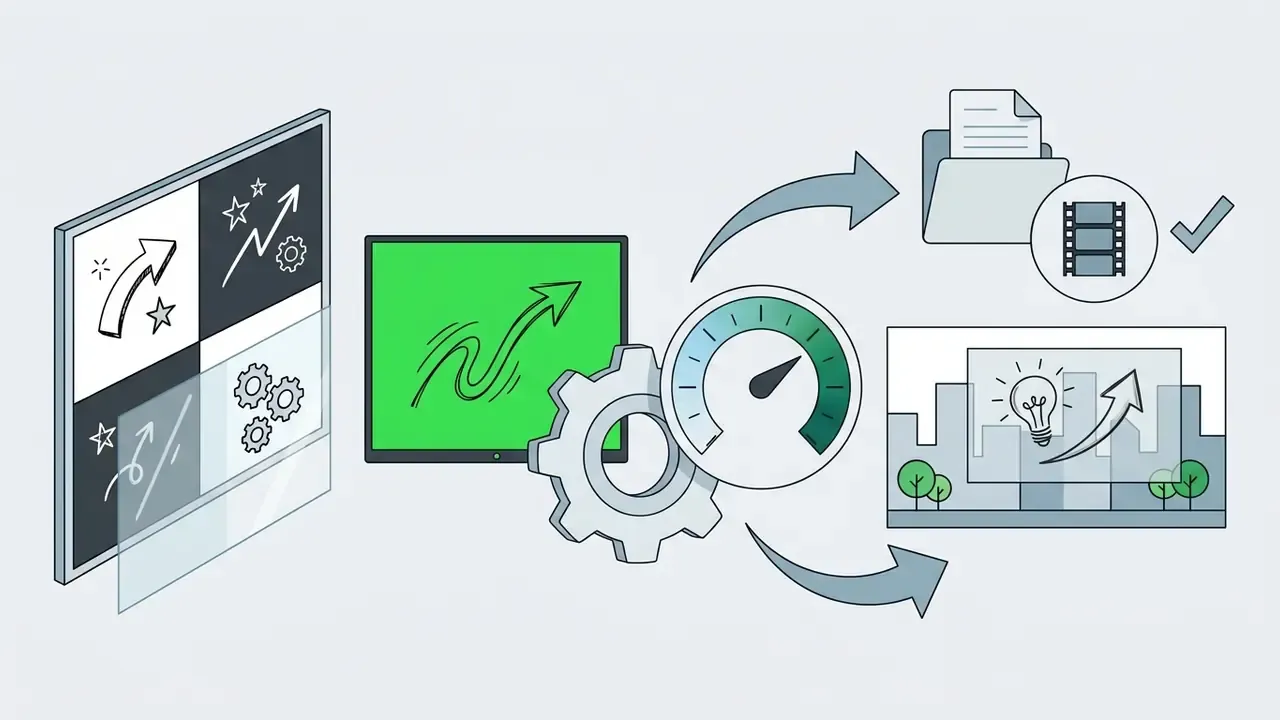 Green screen monitor and gear mechanism connecting sketch assets to a transparent video overlay