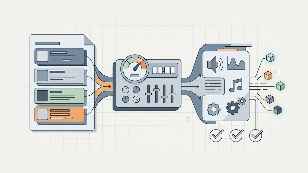 Control panel with sliders and a gauge processing input data into customized audio and music elements