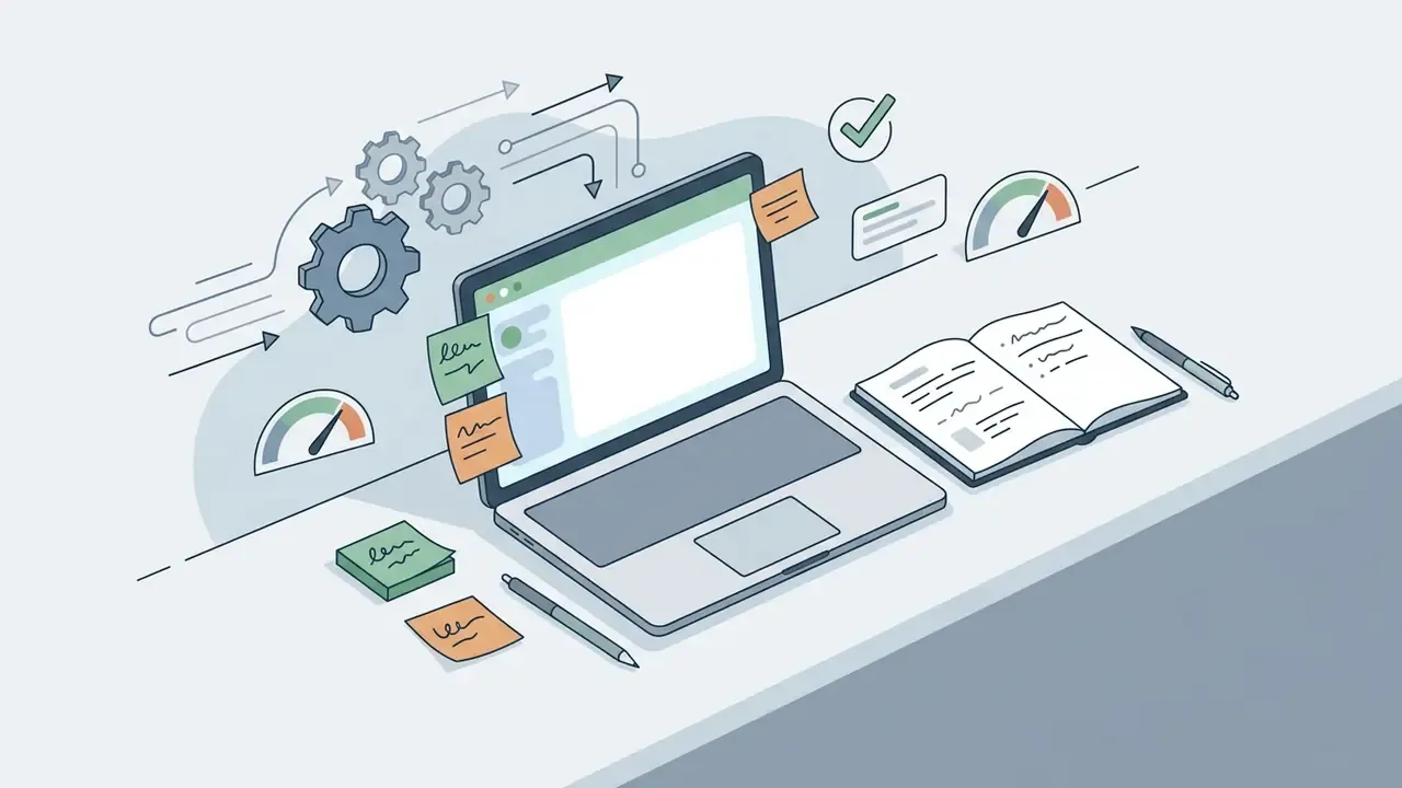 Laptop on a desk with sticky notes, an open notebook, and gears representing the NightCafe AI workflow