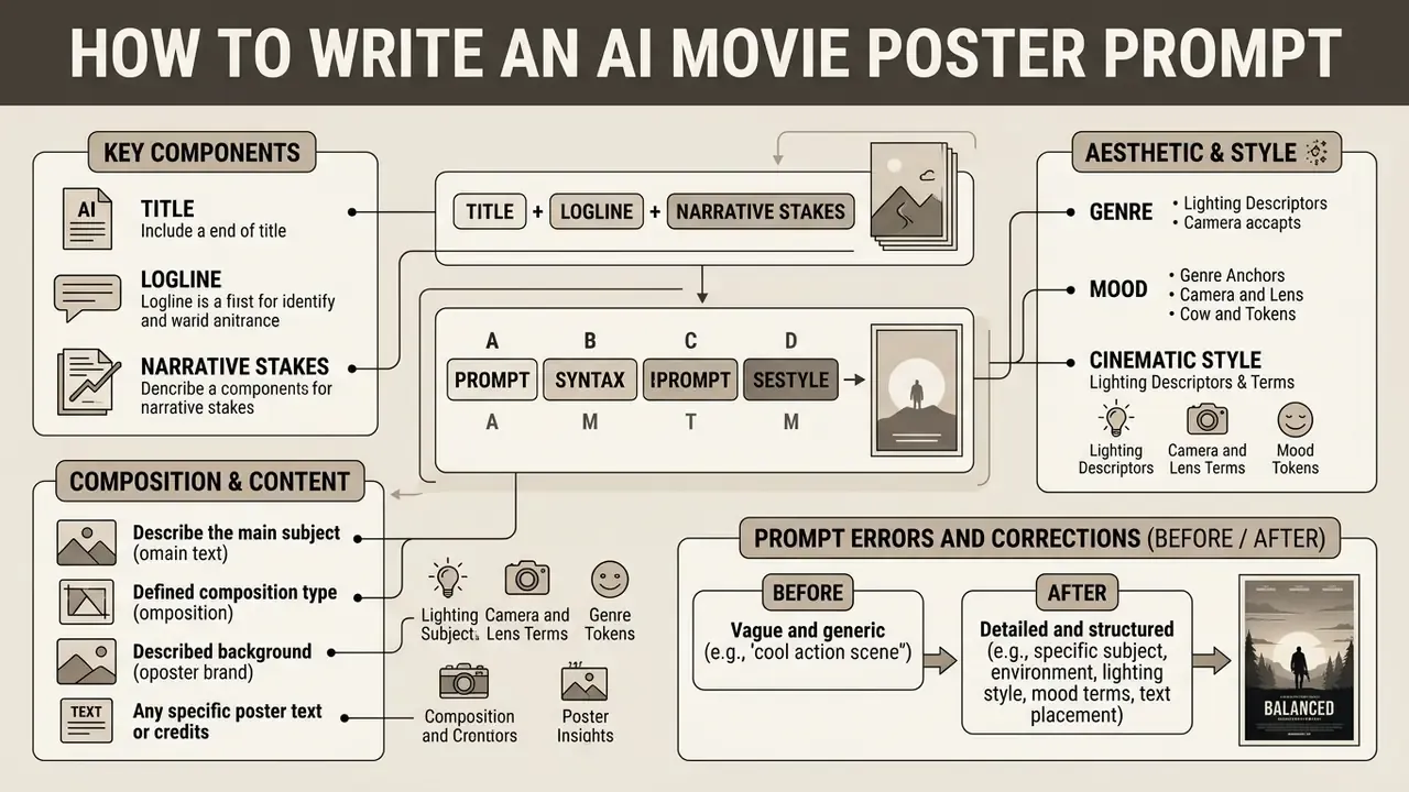 Infographic detailing the structural components and best practices for creating an AI movie poster prompt