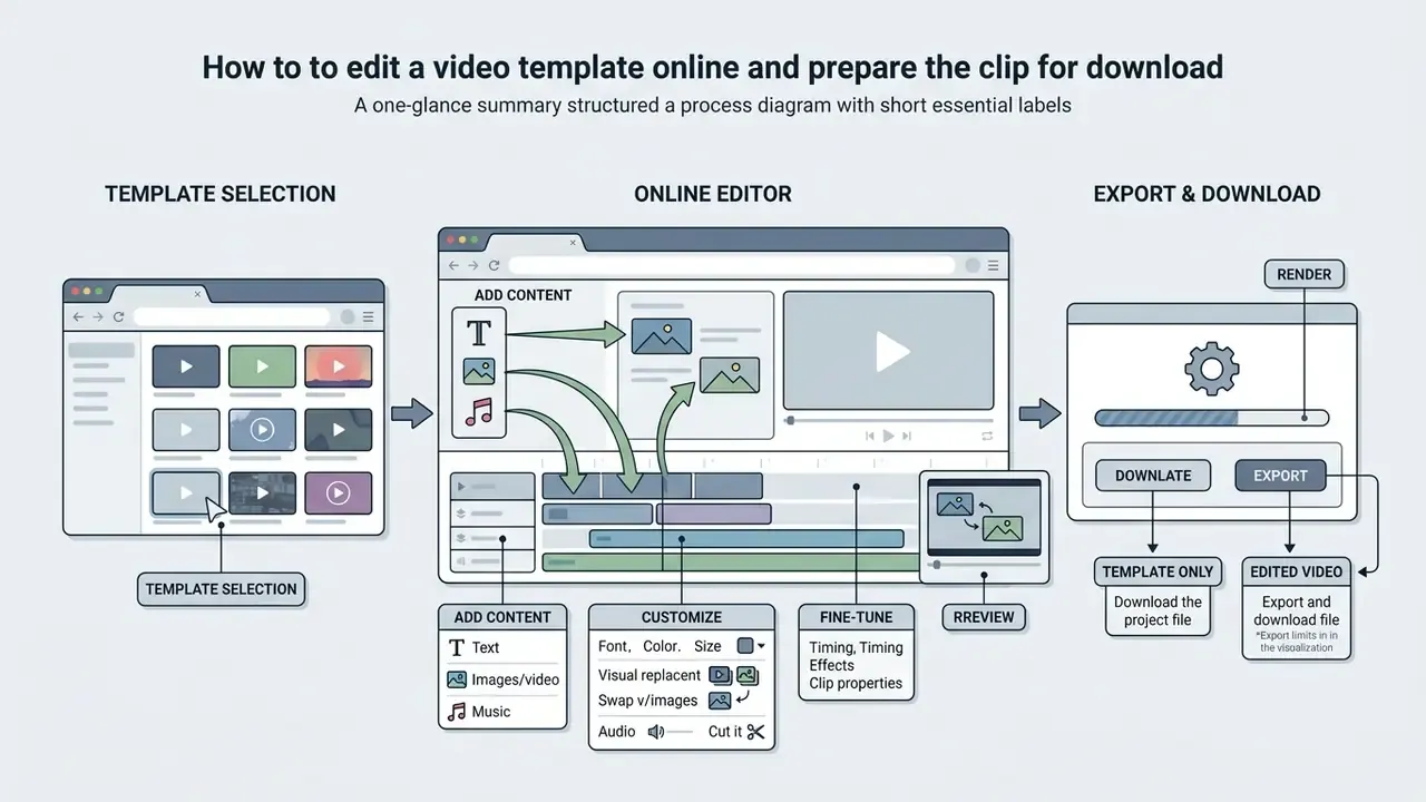 Process diagram showing steps to select, customize, and export web-based media projects