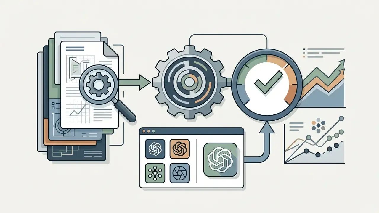 Documents being analyzed by a gear mechanism that produces performance metrics and trend charts